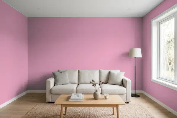 Living room with walls painted PPG Paints Winsome Rose 1044-5 (simulated)