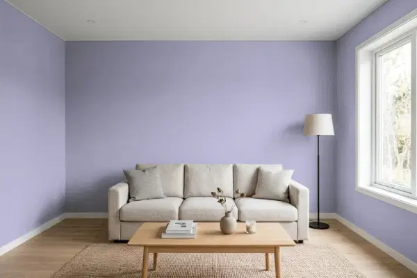 Living room with walls painted Valspar Winter Amethyst 4001-6A (simulated)