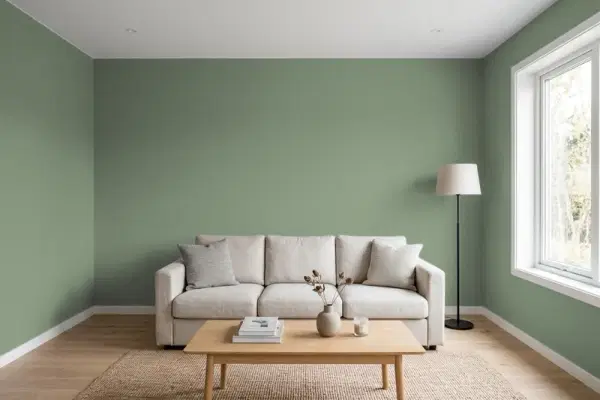 Living room with walls painted Behr Winter Hedge 440F-5 (simulated)