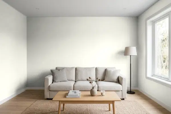 Living room with walls painted Benjamin Moore Winter Orchard 1555 (simulated)