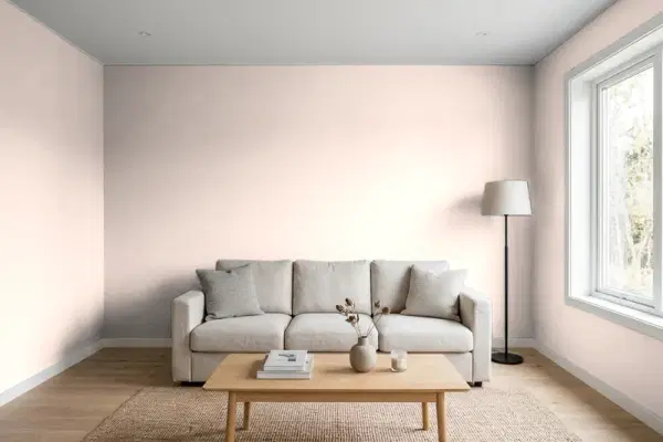 Living room with walls painted PPG Paints Winter Peach 1060-1 (simulated)
