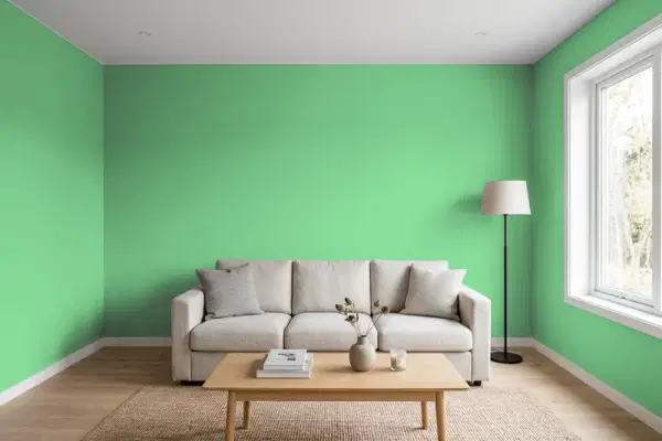 Living room with walls painted Behr Winter Shamrock P400-5 (simulated)