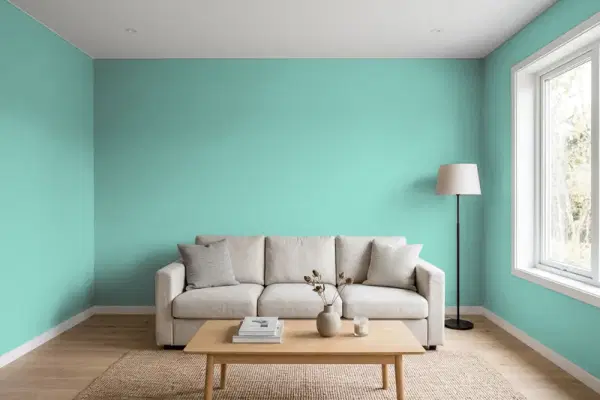 Living room with walls painted Behr Winter Surf 490D-5 (simulated)