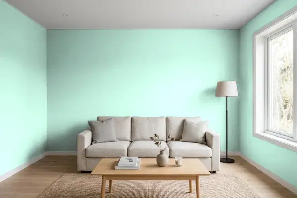 Living room with walls painted PPG Paints Wintergreen Mint 1229-2 (simulated)