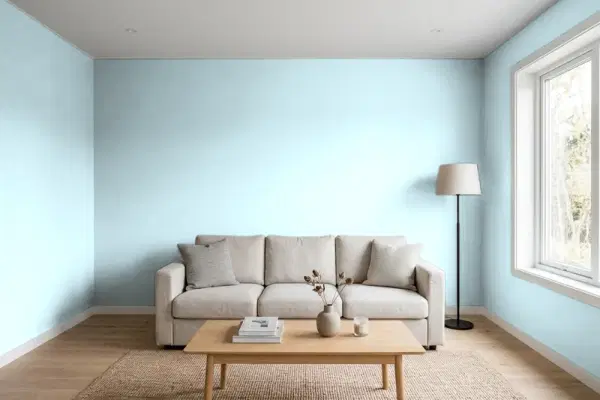 Living room with walls painted Behr Winterscape M480-2A (simulated)