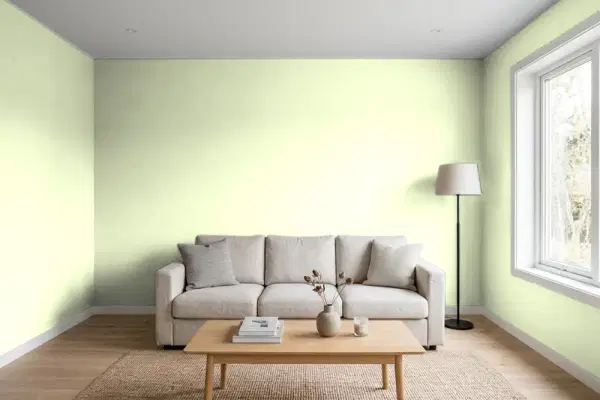 Living room with walls painted Benjamin Moore Wispy Green 414 (simulated)