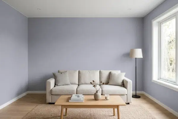 Living room with walls painted Benjamin Moore Wisteria AF-585 (simulated)