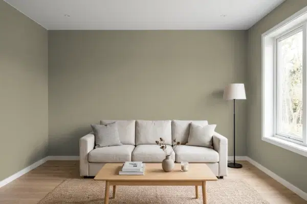 Living room with walls painted Behr Witch Hazel 780D-6 (simulated)