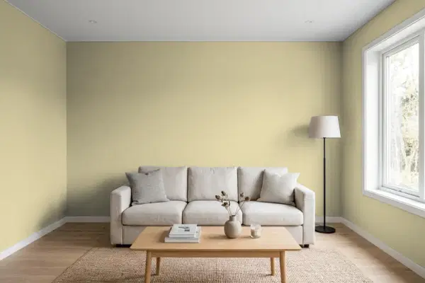 Living room with walls painted Valspar Withered Moss 6007-3C (simulated)