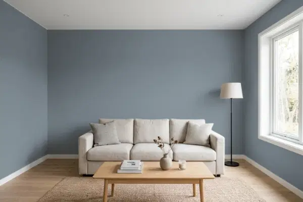 Living room with walls painted Benjamin Moore Wolf Gray 2127-40 (simulated)