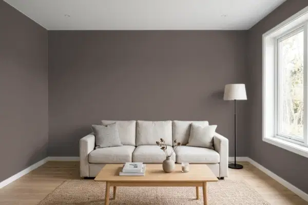 Living room with walls painted Behr Wood Acres BXC-71 (simulated)