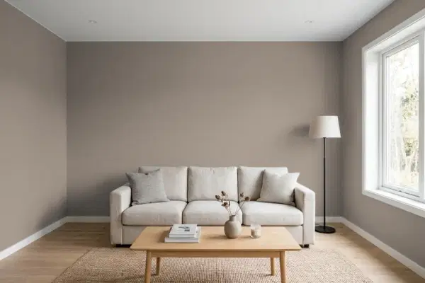 Living room with walls painted Behr Woodcraft N200-5 (simulated)