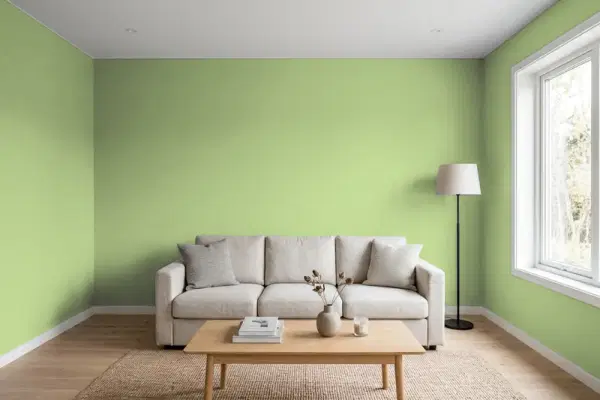 Living room with walls painted Benjamin Moore Woodland Hills Green 543 (simulated)