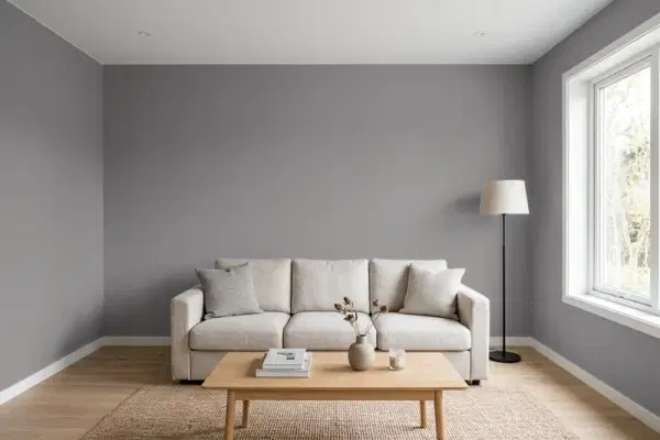 Living room with walls painted Benjamin Moore Wool Peacoat CSP-25 (simulated)