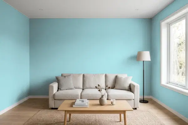 Living room with walls painted PPG Paints Wright Blue Mist FLLW892 (simulated)