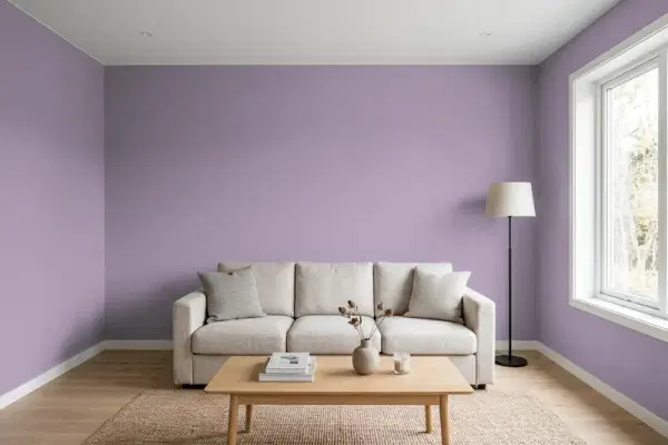 Living room with walls painted PPG Paints Wright Murasaki FLLW771 (simulated)