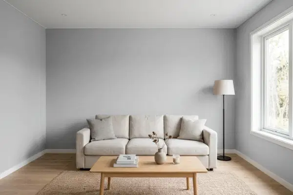 Living room with walls painted PPG Paints Wright Soft Grey FLLW872 (simulated)