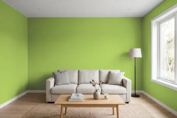 Living room with walls painted PPG Paints Wright Spring Green FLLW396 (simulated)