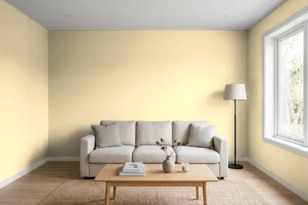 Living room with walls painted Benjamin Moore Yellow Bisque 220 (simulated)
