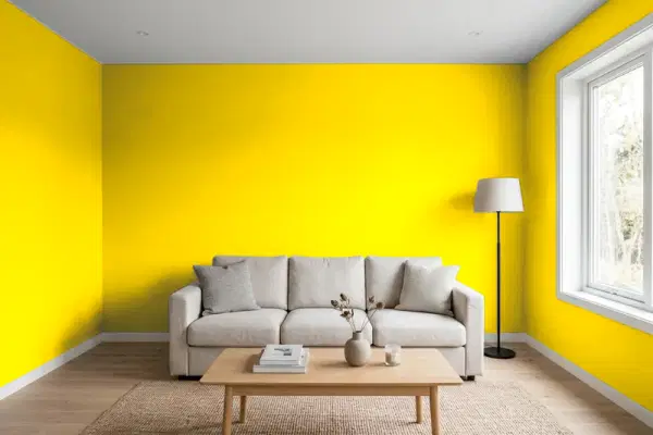 Living room with walls painted Benjamin Moore Yellow 2022-10 (simulated)