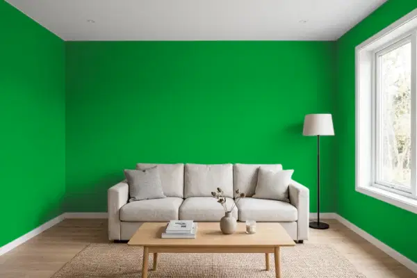 Living room with walls painted Benjamin Moore Yellow Green 2033-10 (simulated)