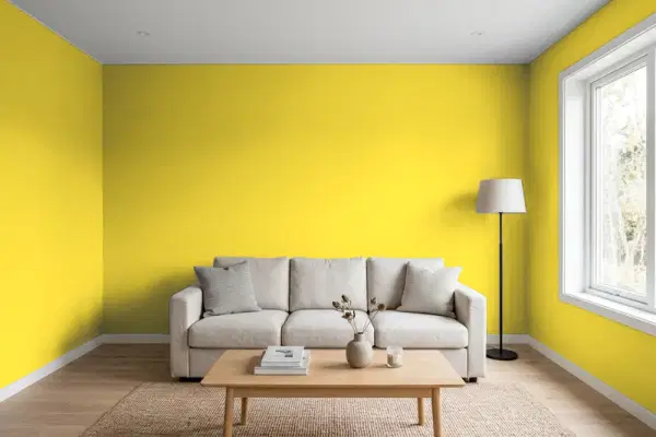 Living room with walls painted Benjamin Moore Yellow Hibiscus 357 (simulated)