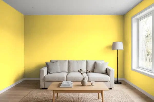 Living room with walls painted Benjamin Moore Yellow Highlighter 2021-40 (simulated)