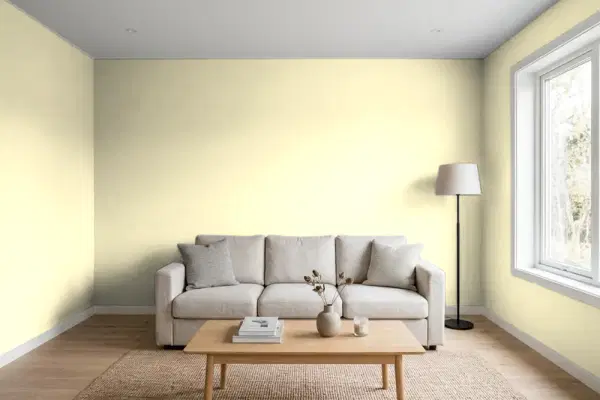 Living room with walls painted Benjamin Moore Yellow Iris 373 (simulated)
