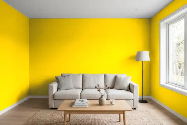 Living room with walls painted Valspar Yellow Mustard 3007-1A (simulated)
