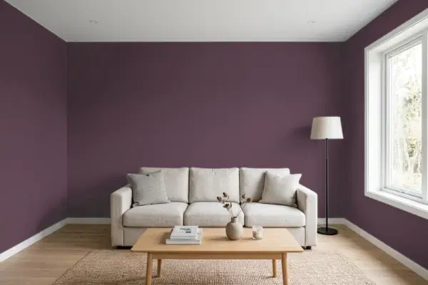 Living room with walls painted Behr Your Majesty T15-4 (simulated)