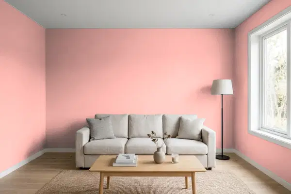 Living room with walls painted Sherwin-Williams Youthful Coral SW 6604 (simulated)