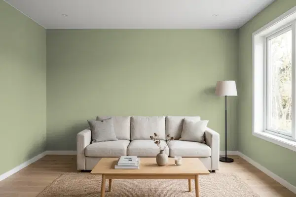 Living room with walls painted PPG Paints Zebra Grass 1126-5 (simulated)