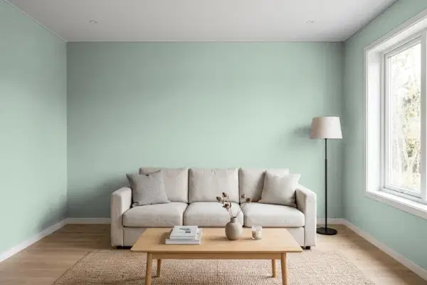 Living room with walls painted Behr Zen PPU11-14 (simulated)