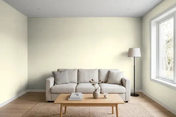 Living room with walls painted Behr Zero Degrees HDC-WR15-1 (simulated)