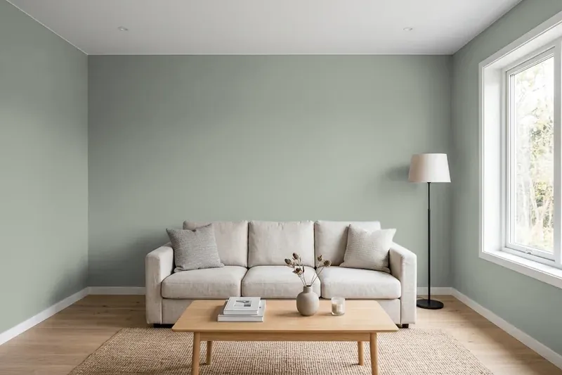 Living room with walls painted Sherwin-Williams Acacia Haze SW 9132 (simulated)