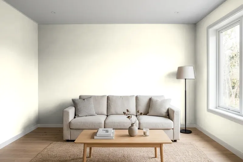 Living room with walls painted Benjamin Moore Acadia White OC-38 (simulated)