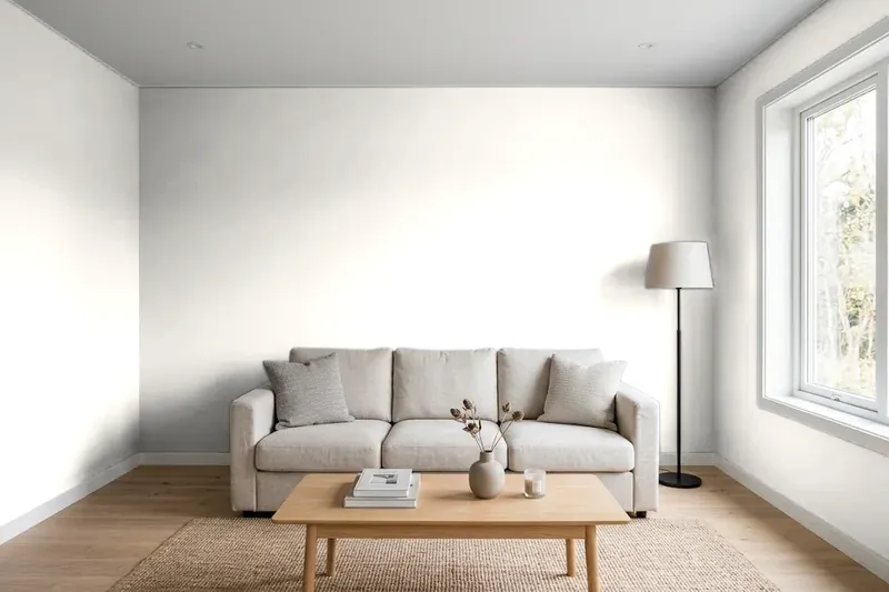Living room with walls painted Benjamin Moore Alabaster 876 (simulated)