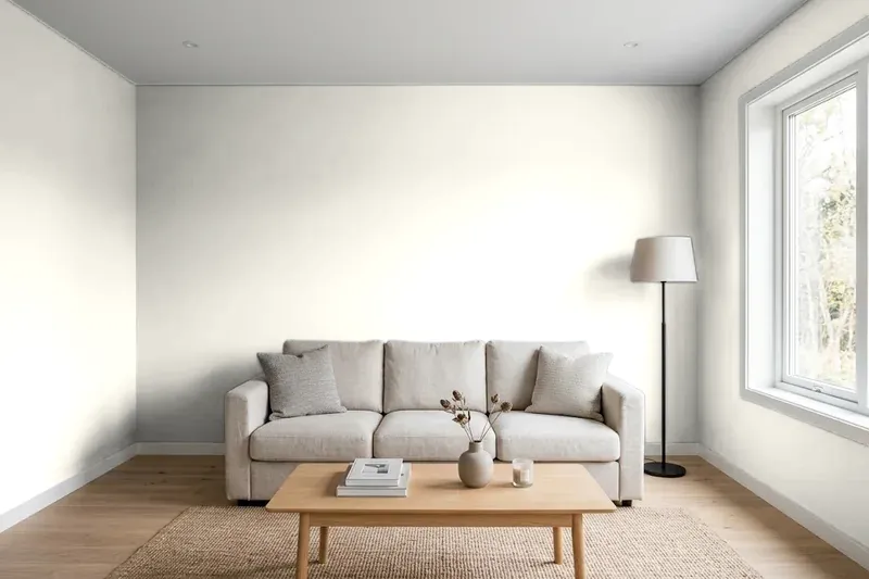 Living room with walls painted Sherwin-Williams Alabaster SW 7008 (simulated)