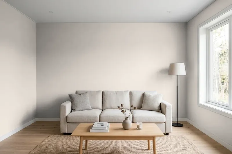 Living room with walls painted Sherwin-Williams Alpaca SW 7022 (simulated)