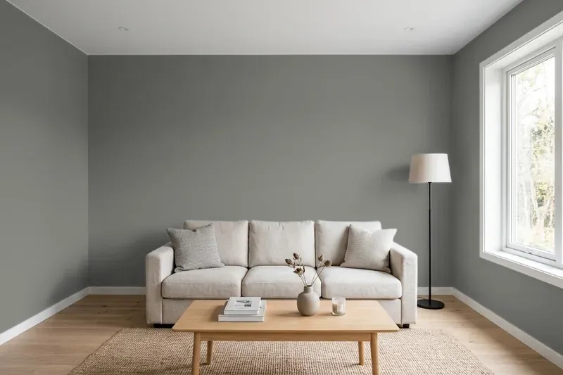 Living room with walls painted Benjamin Moore Amherst Gray HC-167 (simulated)