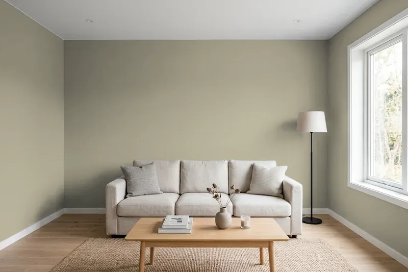 Living room with walls painted Sherwin-Williams At Ease Soldier SW 9127 (simulated)