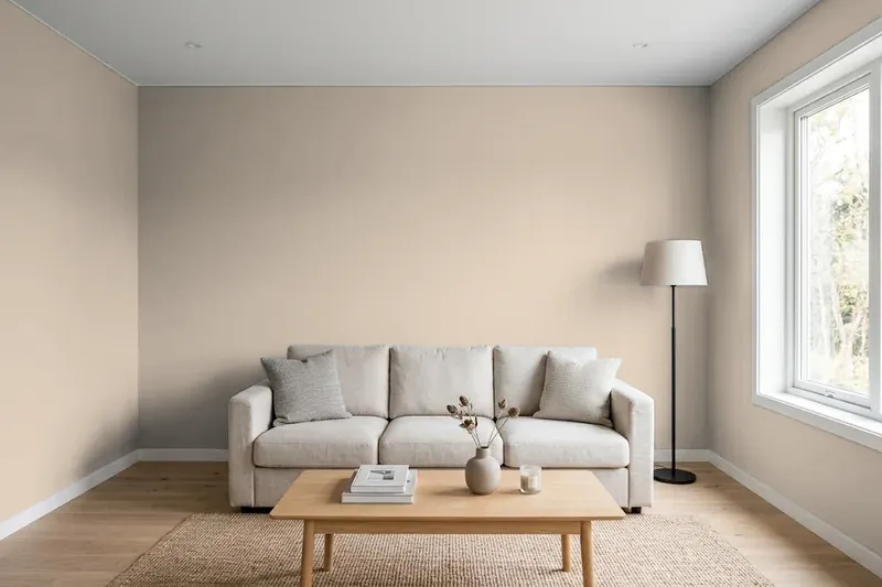 Living room with walls painted Sherwin-Williams Balanced Beige SW 7037 (simulated)