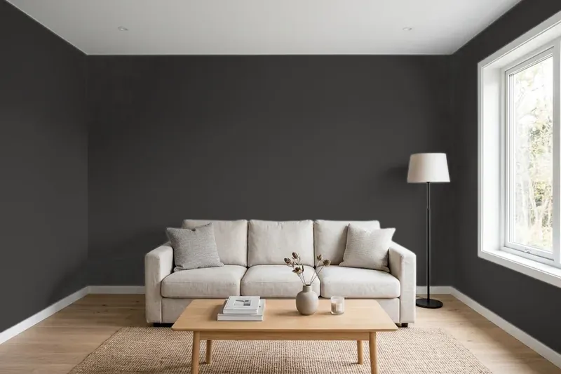 Living room with walls painted Benjamin Moore Black Beauty 2128-10 (simulated)