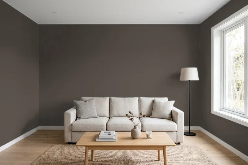 Living room with walls painted Sherwin-Williams Black Fox SW 7020 (simulated)