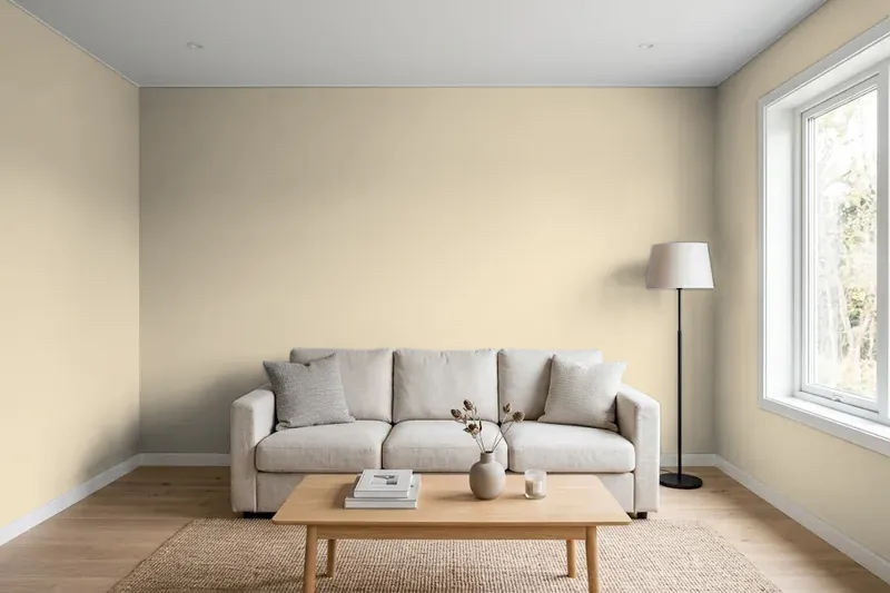 Living room with walls painted Benjamin Moore Bleeker Beige HC-80 (simulated)