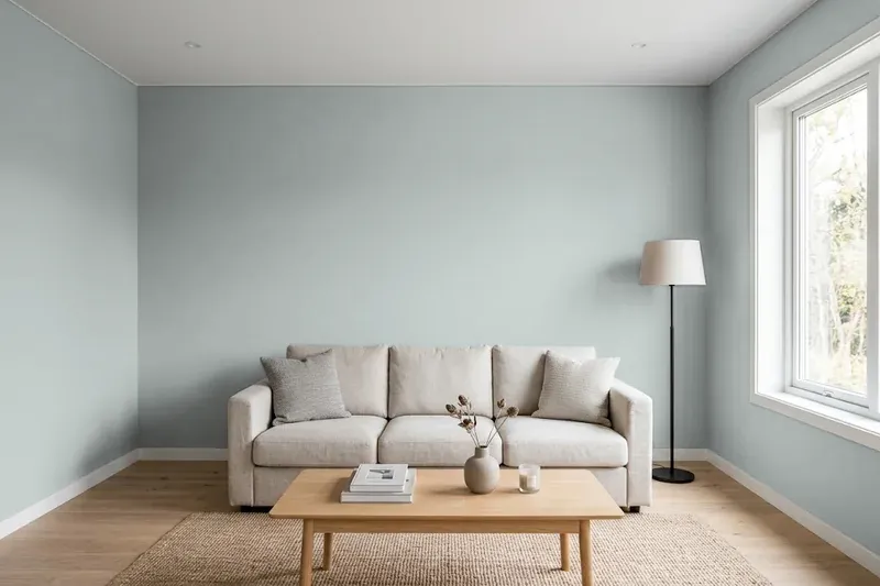 Living room with walls painted Benjamin Moore Boothbay Gray HC-165 (simulated)