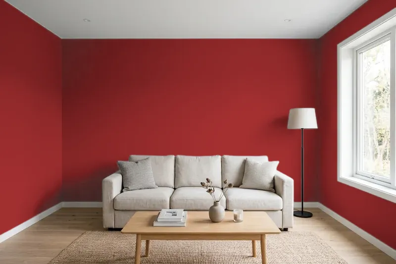 Living room with walls painted Benjamin Moore Caliente AF-290 (simulated)