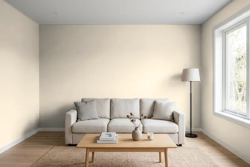 Living room with walls painted Sherwin-Williams Canvas Tan SW 7531 (simulated)