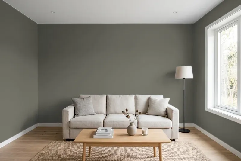 Living room with walls painted Sherwin-Williams Cast Iron SW 6202 (simulated)