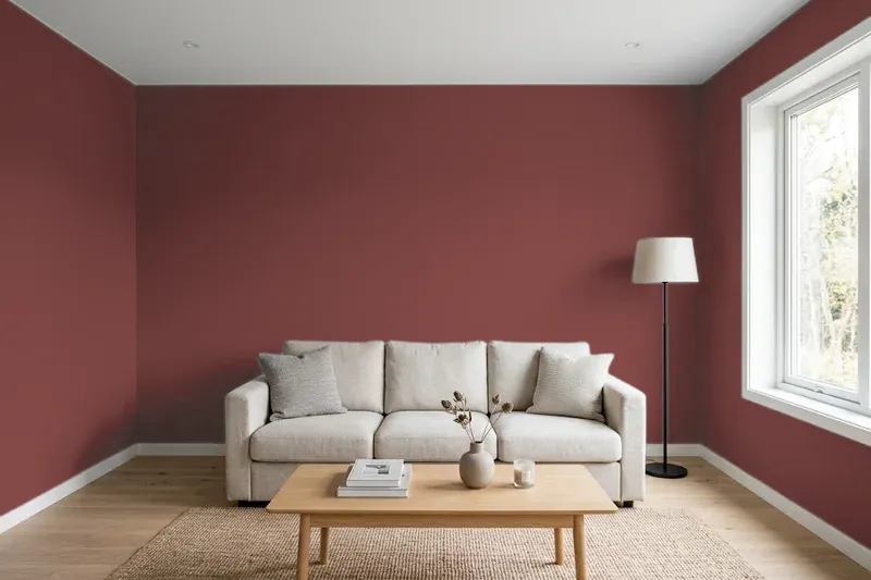 Living room with walls painted Benjamin Moore Chestnut 2082-10 (simulated)